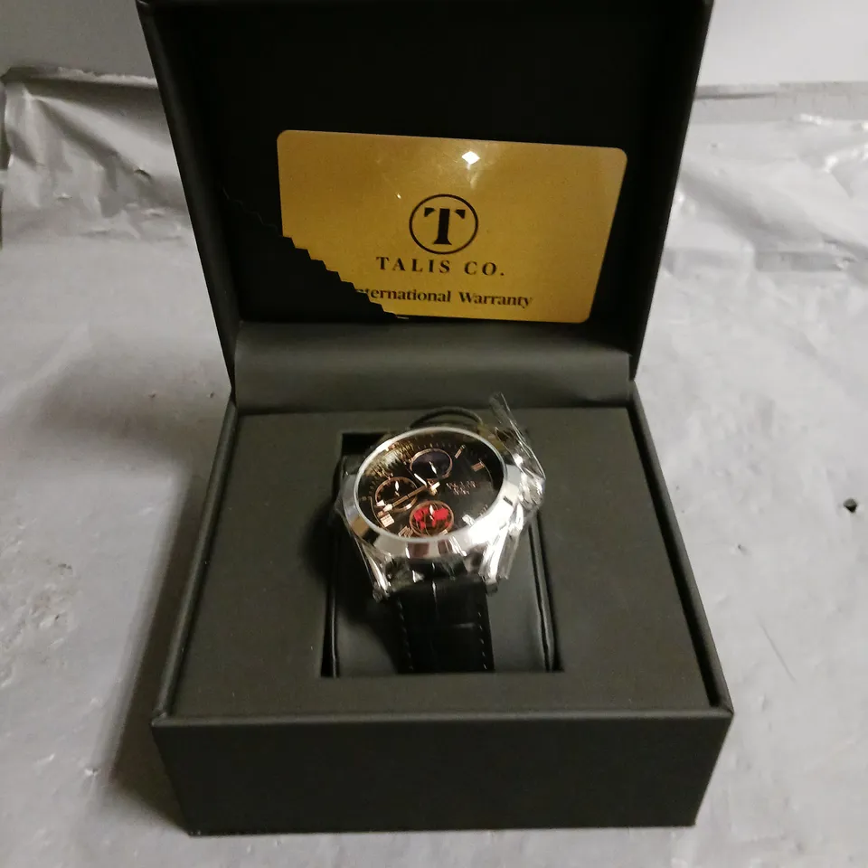 TALIS CO STAINLESS STEEL MOONPHASE GENTS WATCH WITH BLACK LEATHER STRAP IN BOX