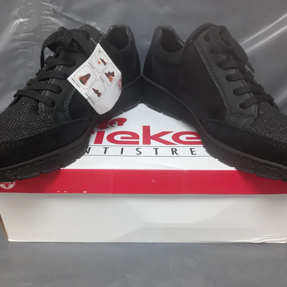 BOXED PAIR OF RIEKER WEDGE TRAINERS IN BLACK SIZE 7.5