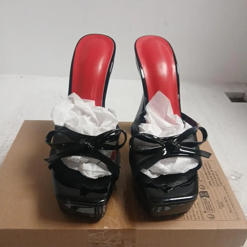 WOMEN'S BLACK PATENT PLATFORM HEELS WITH BOW – UK 3.5 (EU 36) – BOXED