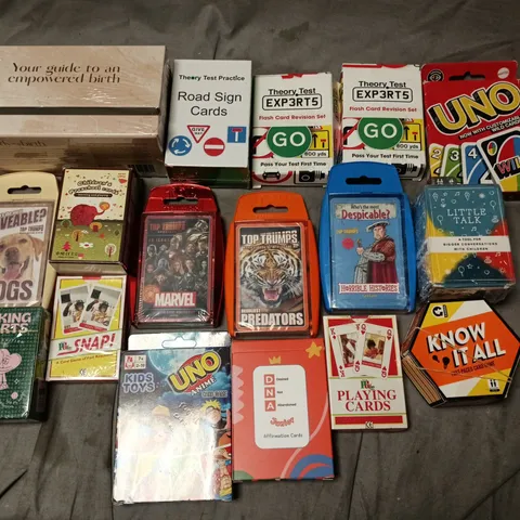LOT OF APPROXIMATELY 25 ASSORTED PACKS OF CARDS AND GAMES TO INCLUDE UNO, UNO AND TOP TRUMPS
