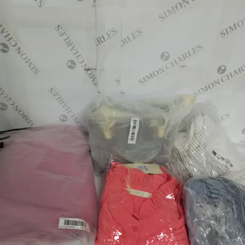 LARGE BOX OF ASSORTED CLOTHING ITEMS IN VARIOUS COLOURS AND SIZES INCLUDING TROUSERS , TOPS AND JUMPERS