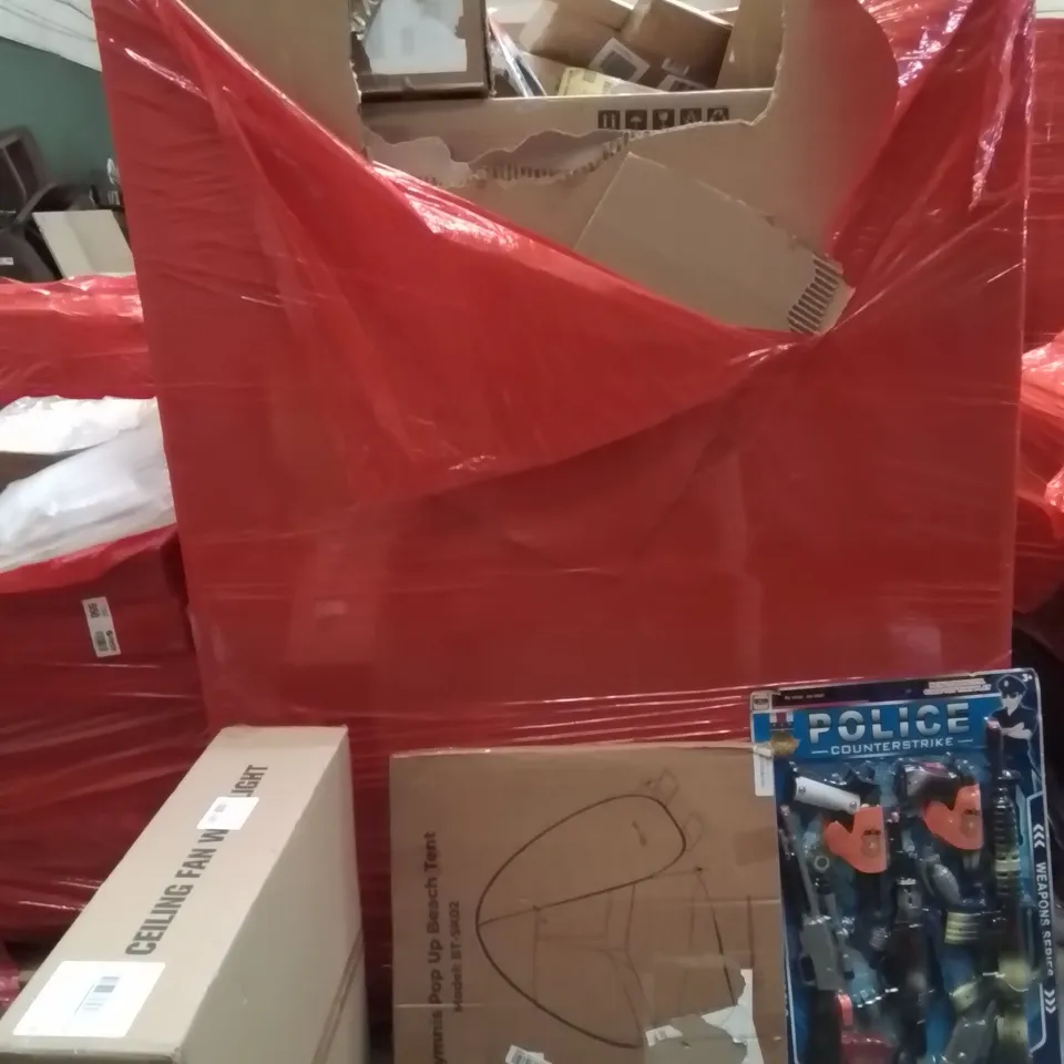 PALLET OF ASSORTED HOUSEHOLD GOODS AND PRODUCTS TO INCLUDE;CEILING FAN WITH LIGHT,POPUP TENT,KIDS POLICE COUNTERSTRIKE TOYS