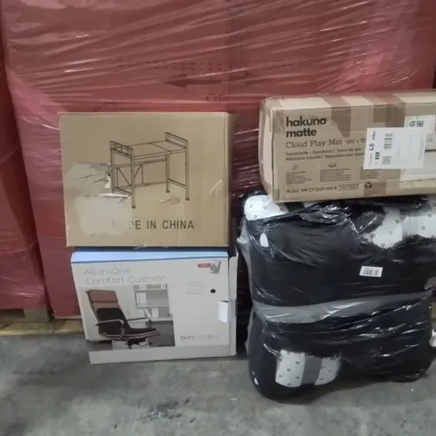 PALLET OF ASSORTED HOUSEHOLD GOODS AND PRODUCTS TO INCLUDE; ALL IN ONE COMFORT CUSHION,PLAY MAT,LARGE RUG
