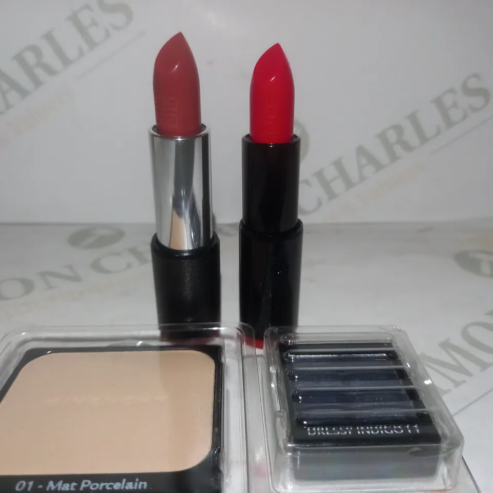 BOX OF APPROX 10 ASSORTED GIVENCHY TESTER PRODUCTS TO INCLUDE LIPSTICK #REDLIGHT, LIPSTICK #BRUN CASUAL. LE PRISME YEUX MONO #DRESSY INDIGO 11, ETC