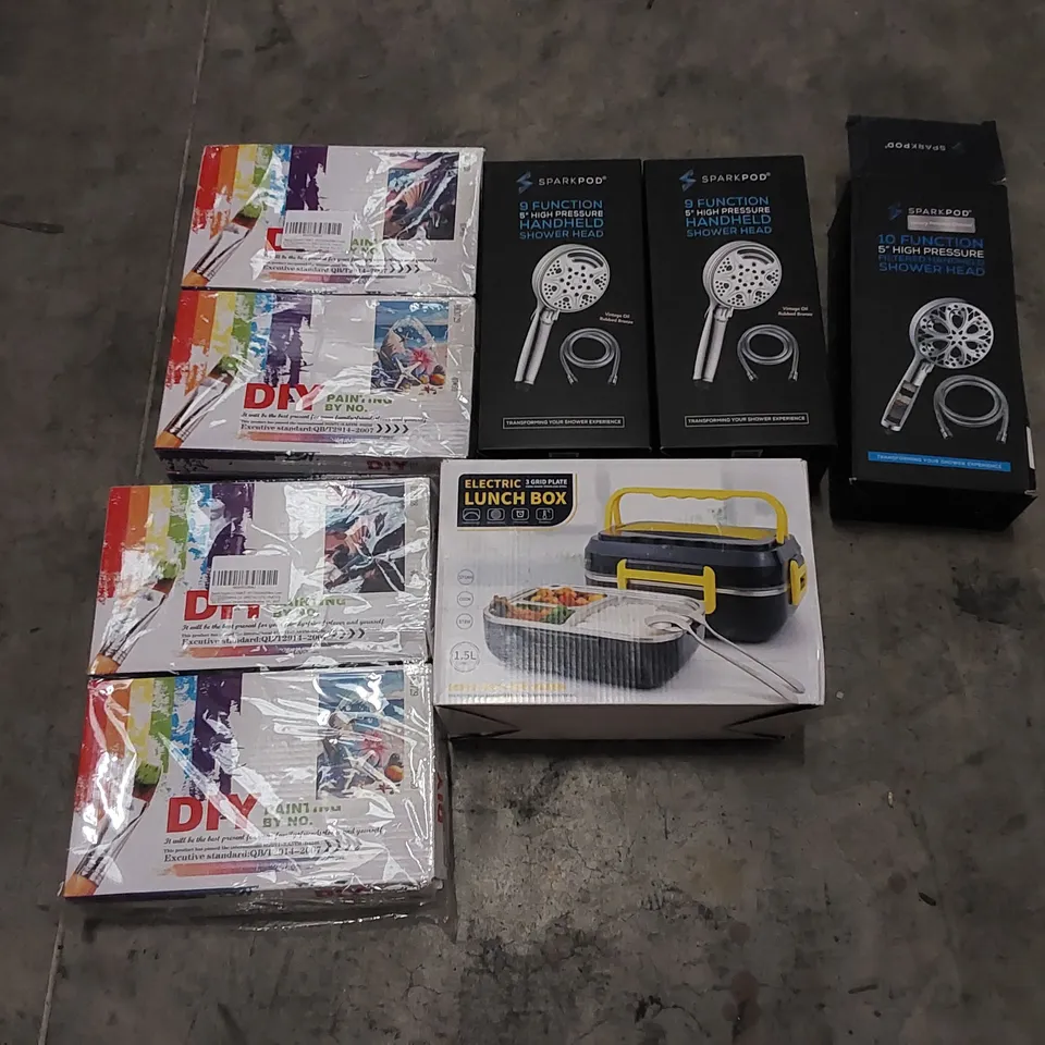 PALLET OF ASSORTED HOUSEHOLD ITEMS AND CONSUMER PRODUCTS. INCLUDES CLOTHES, LUNCH BOX, HANDHELD SHOWER HEADS, DIY PAINTING KITS ETC 