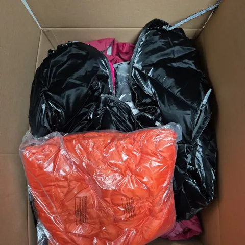 LARGE BOX OF ASSORTED CLOTHING ITEMS IN VARIOUS SIZES, STYLES AND COLOUR 