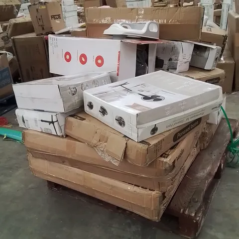 PALLET OF ASSORTED HOUSEHOLD GOODS AND PRODUCTS TO INCLUDE;FAN,SHOERACK,PLAYPEN,PARASOL BASE,GRAVITY CHAIRS