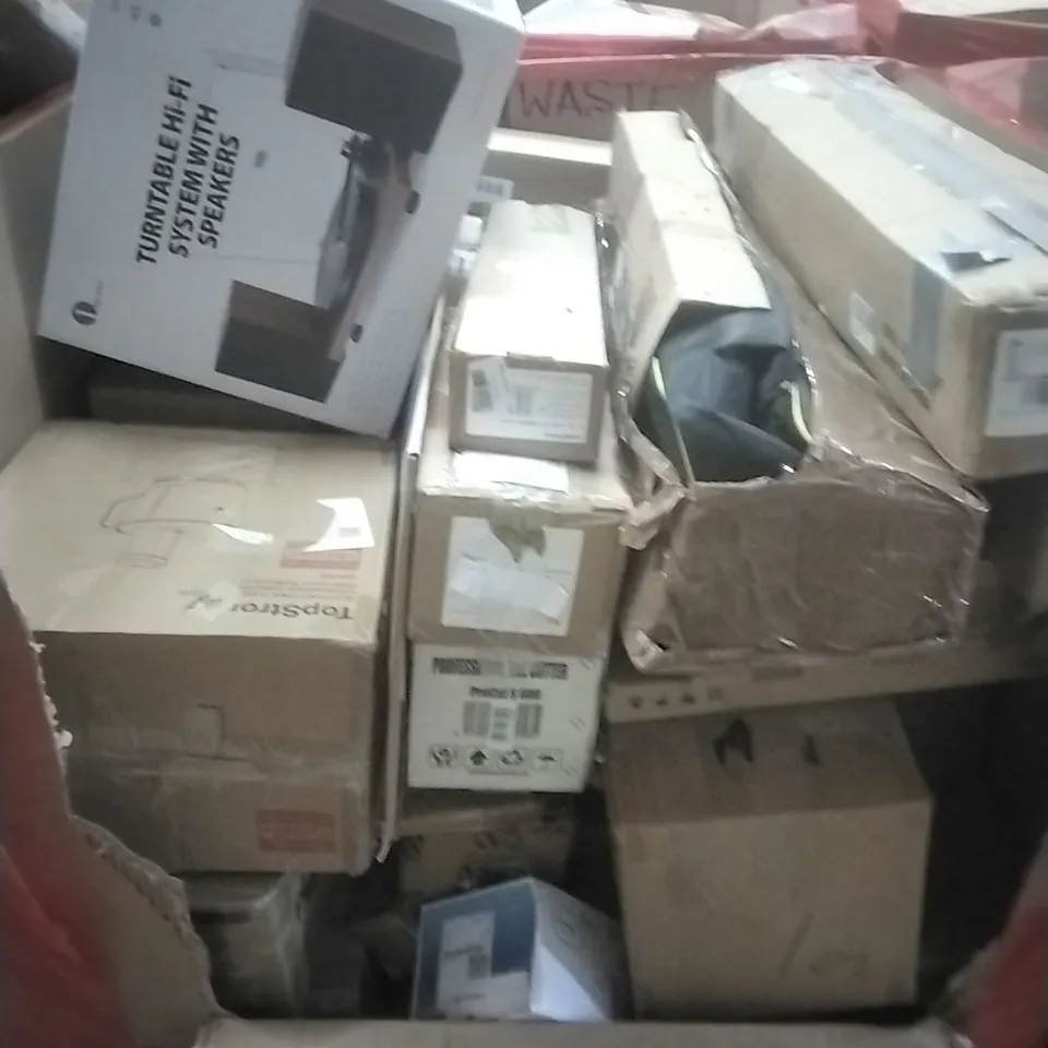 PALLET OF ASSORTED HOUSEHOLD GOODS AND PRODUCTS TO INCLUDE; TILE CUTTER, TURNTABLE SYSTEM WITH SPEAKERS, PLAY PEN, BOXED FURNITURE ETC