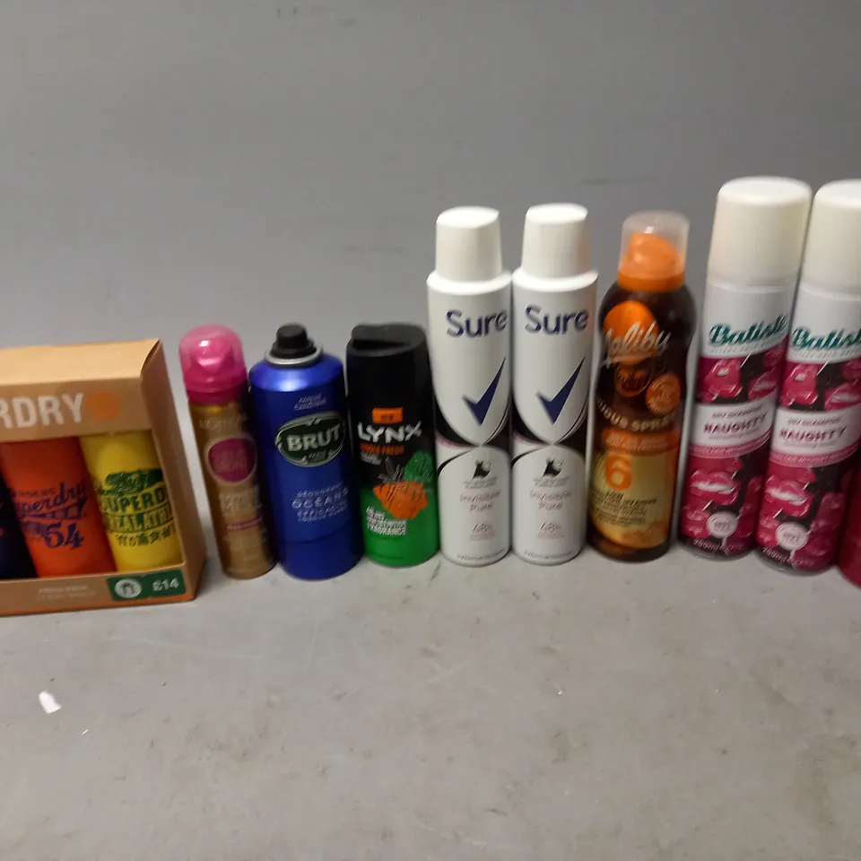 APPROXIMATELY 15 ASSORTED AEROSOLS TO INCLUDE RITUALS SHOWER GEL, SURE INVISABLE PURE, AND SUPERDRY FRESH PACK ETC. 