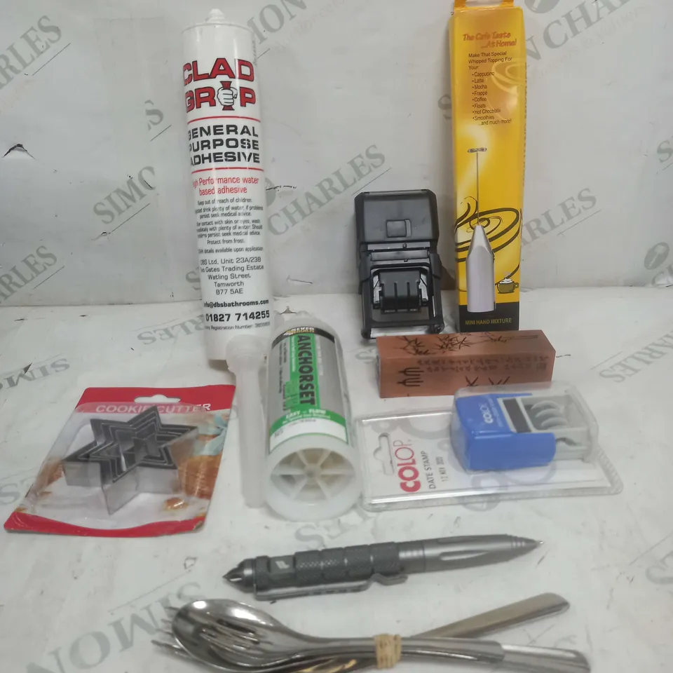 BOX OF APPROXIMATELY 15 ASSORTED COSMETIC ITEMS TO INCLUDE - DATE STAMP, ADHESIVE, HAND MIXER ETC