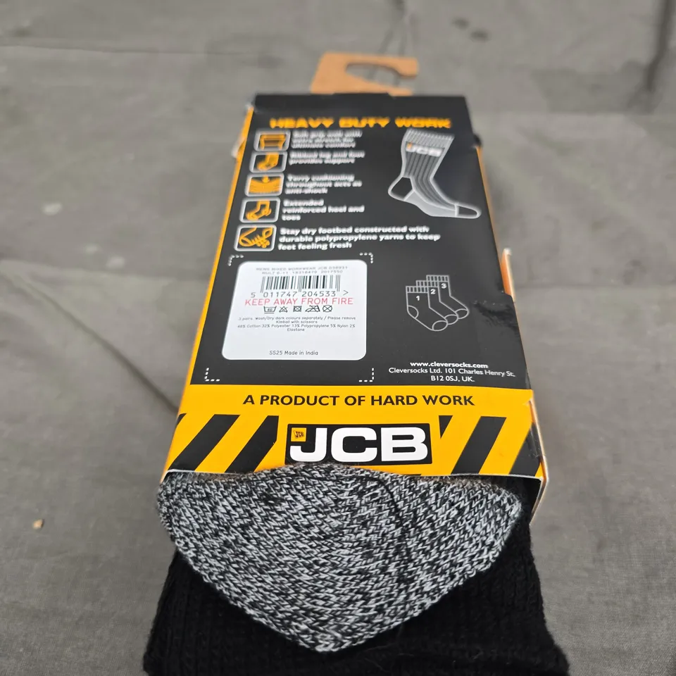 JCB HEAVY DUTY WORK SOCKS – 3 PAIRS, BLACK/GREY, UK 6-11