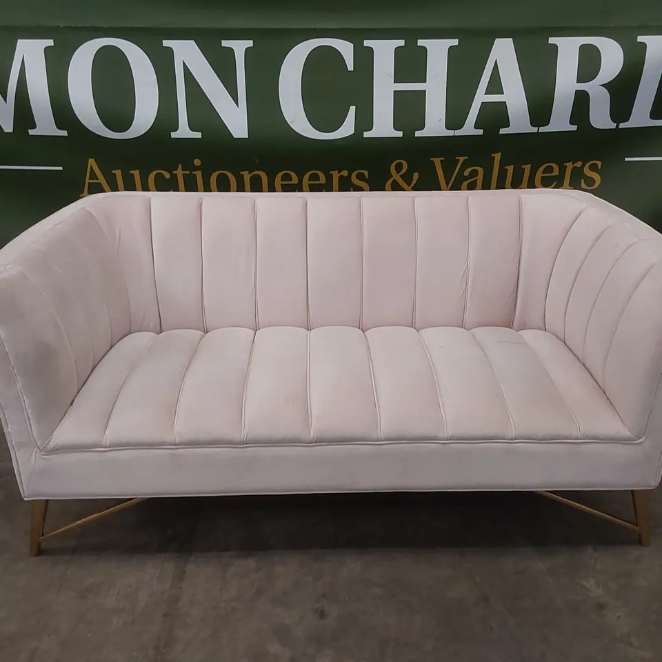 DESIGNER PLUSH PINK VELVET UPHOLSTERED SOFA WITH GOLD LEGS 