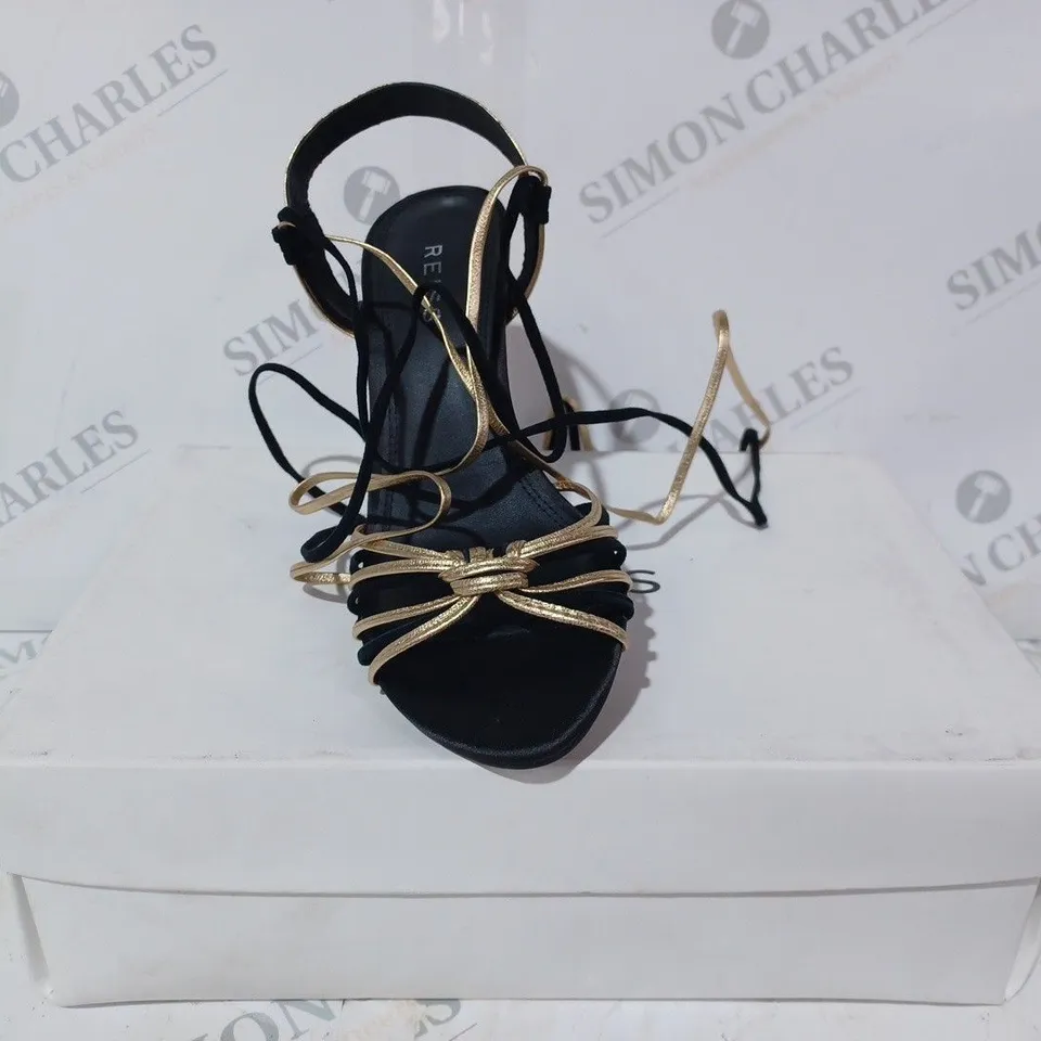 BOXED PAIR OF REISS CASSIDY STRAPPY HEELS IN BLACK/GOLD UK SIZE 4