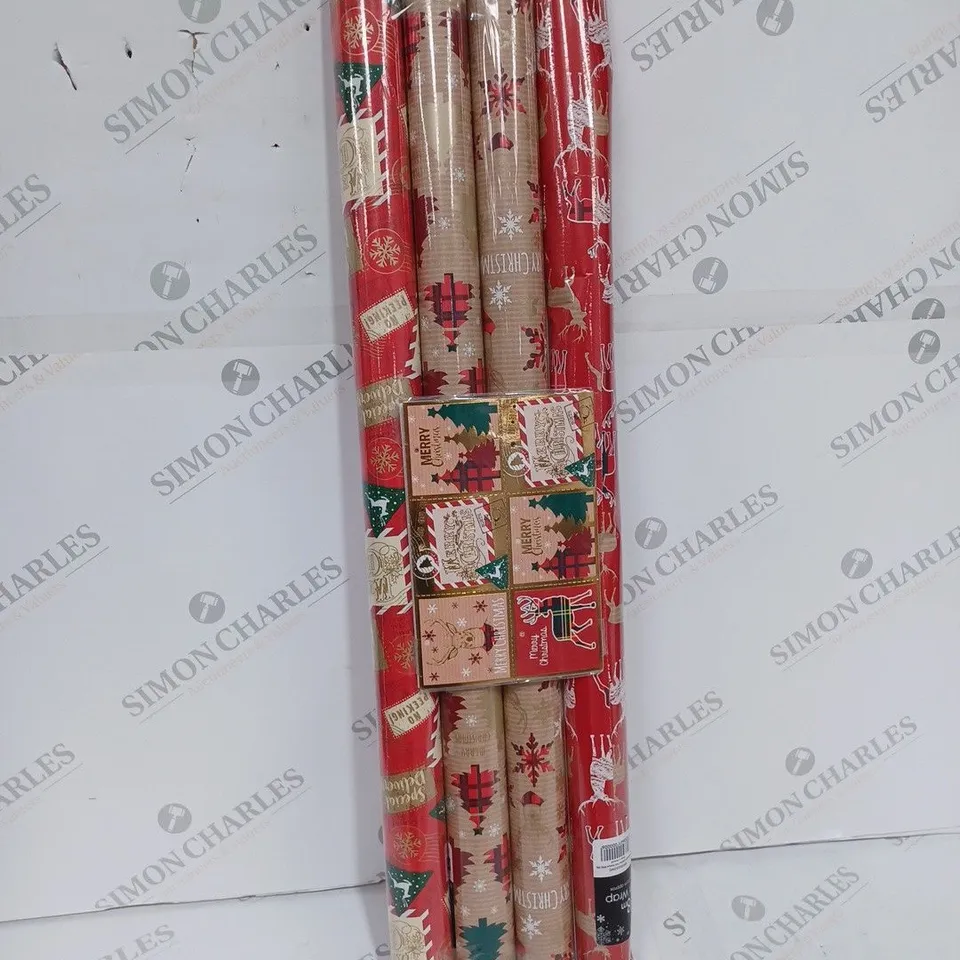 SET OF 4 CHRISTMAS GIFT WRAP ROLLS AND 12 LABELS