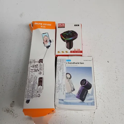 ASSORTED ACCESSORIES PACK: SELFIE STICK, CAR FM TRANSMITTER, HANDHELD FAN