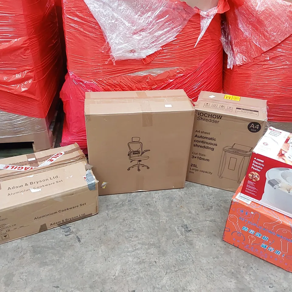 PALLET OF ASSORTED ITEMS INCLUDING: OFFICE CHAIR, KEY DUPLICATING MACHINE, A4 PAPER SHREDDER, ELECTRIC POTATO PEELER, ALUMINIUM COOKWARE SET