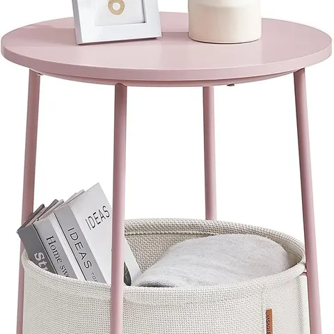 BOXED VASAGLE SIDE TABLE, ROUND END TABLE WITH FABRIC BASKET - PINK