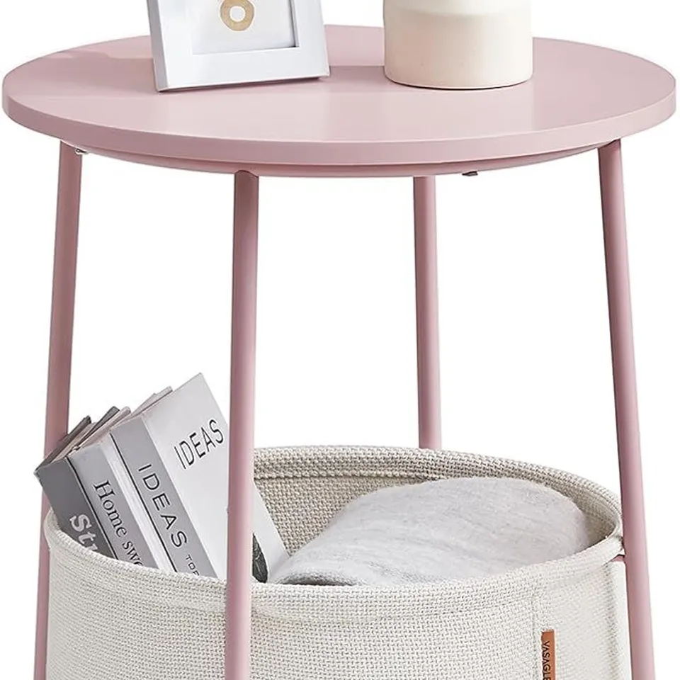 BOXED VASAGLE SIDE TABLE, ROUND END TABLE WITH FABRIC BASKET - PINK