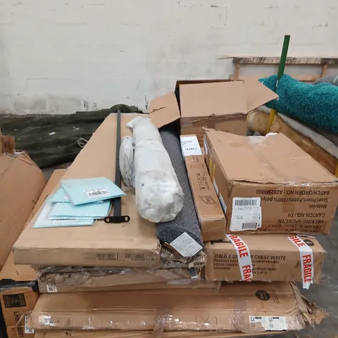 PALLET OF ASSORTED FURNITURE AND PARTS TO INCLUDE PARTS FOR; EXTENDABLE DINING RABLE, DUNELM FULTON TRESTLE TABLE, SAITAMA DISPLAY CABINET AND NEO SHOE RACK