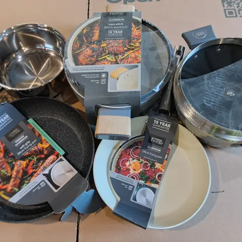 BOX OF APPROX 12 ASSORTED COOKWARE ITEMS TO INCLUDE - NON STICK STOCKPOT , FRYING PAN , SAUCE PAN