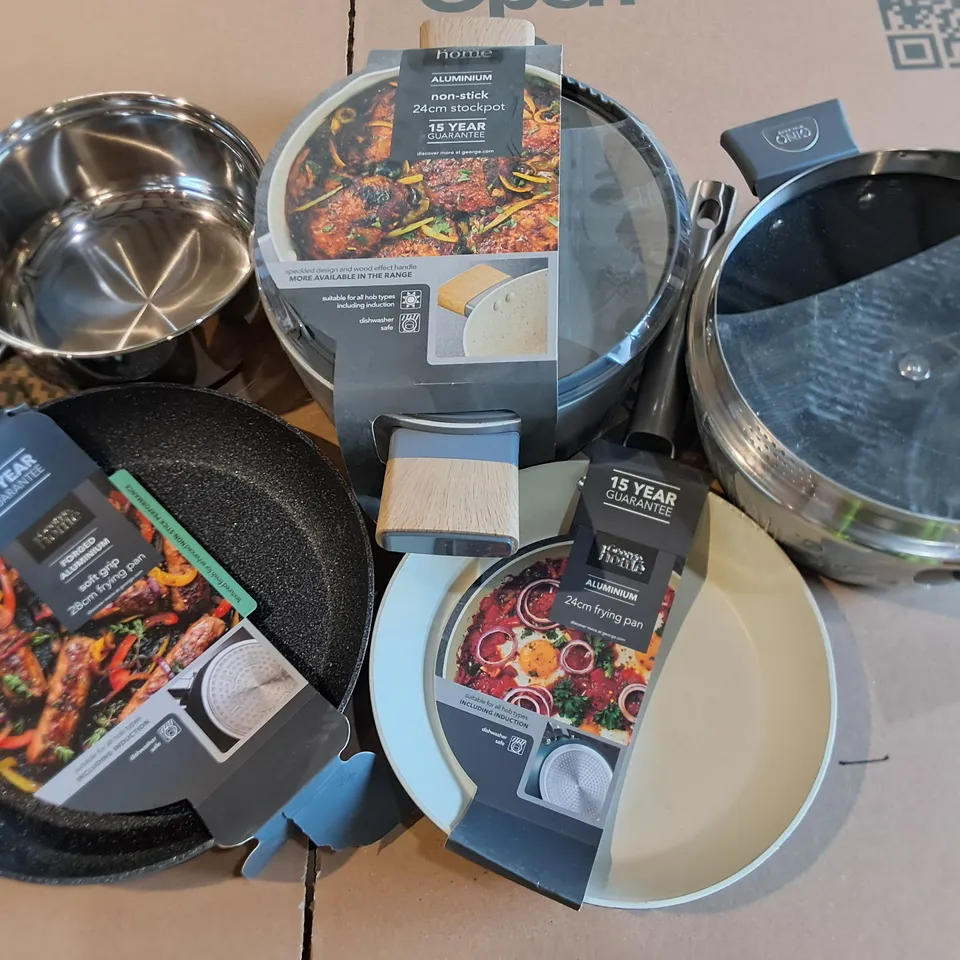 BOX OF APPROX 12 ASSORTED COOKWARE ITEMS TO INCLUDE - NON STICK STOCKPOT , FRYING PAN , SAUCE PAN