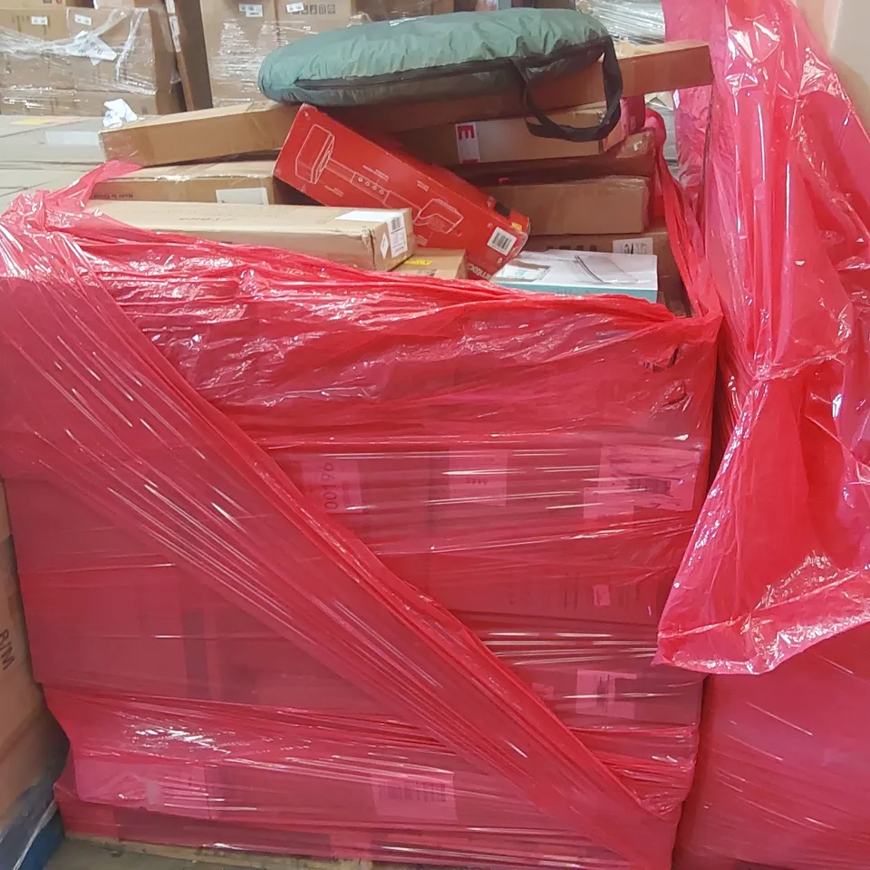 PALLET CONTAINING VARIOUS ASSORTED BOXED HOUSEHOLD ITEMS TO INCLUDE: ROLLING STOOL, STAINLESS STEEL PEDAL BIN, VACUUM STAND, CARPET KNEE KICKER, LOKLIK ROLL HOLDER AND LOTS MORE UNMARKED BOXED ITEMS