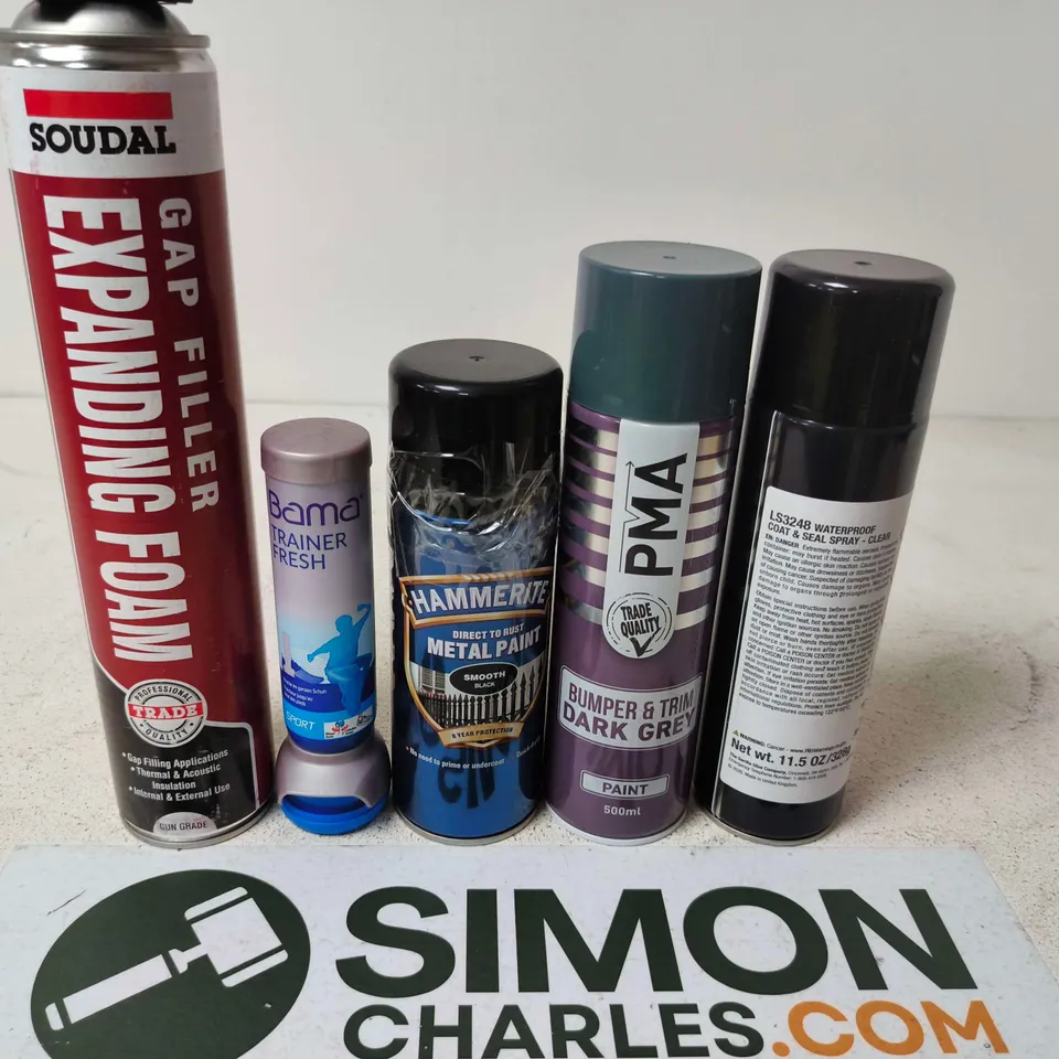 APPROXIMATELY 15 ASSORTED AEROSOLS TO INCLUDE EXPANDING FOAM , TRAINER FRESH AND METAL PAINT 