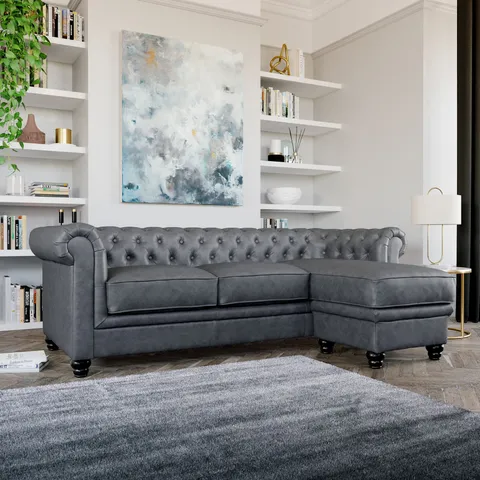 BOXED HAMPTON CHESTERFIELD L-SHAPE CORNER SOFA, VINTAGE GREY PREMIUM FAUX LEATHER (1 BOX)