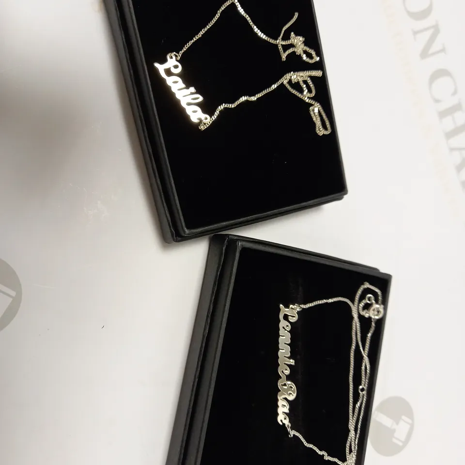 LOT OF TWO STERLING SILVER PERSONALISED SCRIPT NAME NECKLACE ON ADJUSTABLE CURB CHAIN, LAILA, LENNIE-RAE RRP £58