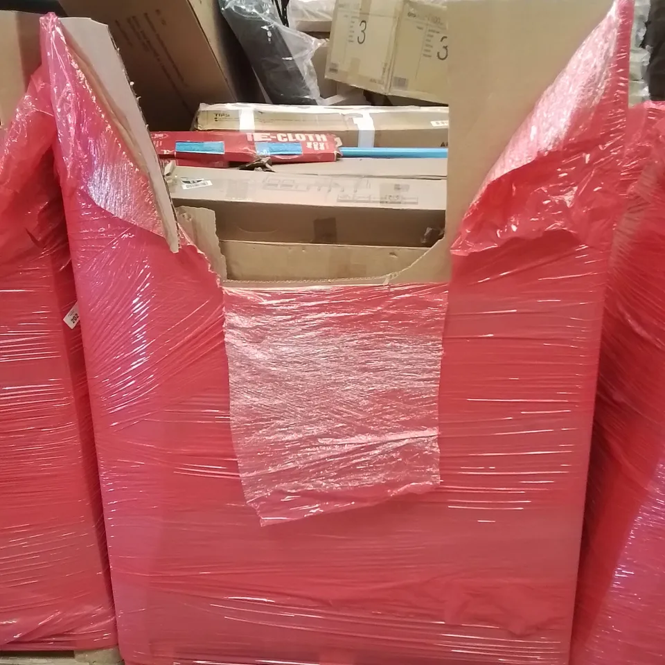 PALLET CONTAINING VARIOUS ASSORTED BOXED HOUSEHOLD ITEMS TO INCLUDE: UTENSIL HOOKS, BABY PLAYPEN, TENT, E-CLOTH AND LOTS MORE UNMARKED BOXED ITEMS 