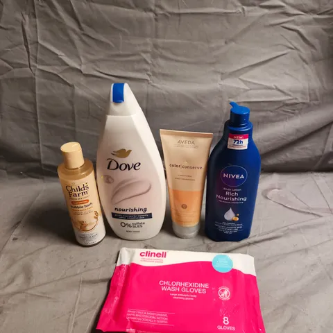 APPROXIMATELY 20 HEALTH AND BEAUTY PRODUCTS TO INCLUDE DOVE BODY WASH, CHILD'S FARM BUBBLE BATH AND AVEDA COLOUR CONSERVE CONDITIONER
