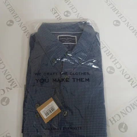 CHARLES TYRWHITT INDIGO BLUE MINI GINGHAM SLIM FIT NON IRON STRETCH POPLIN SHIRT