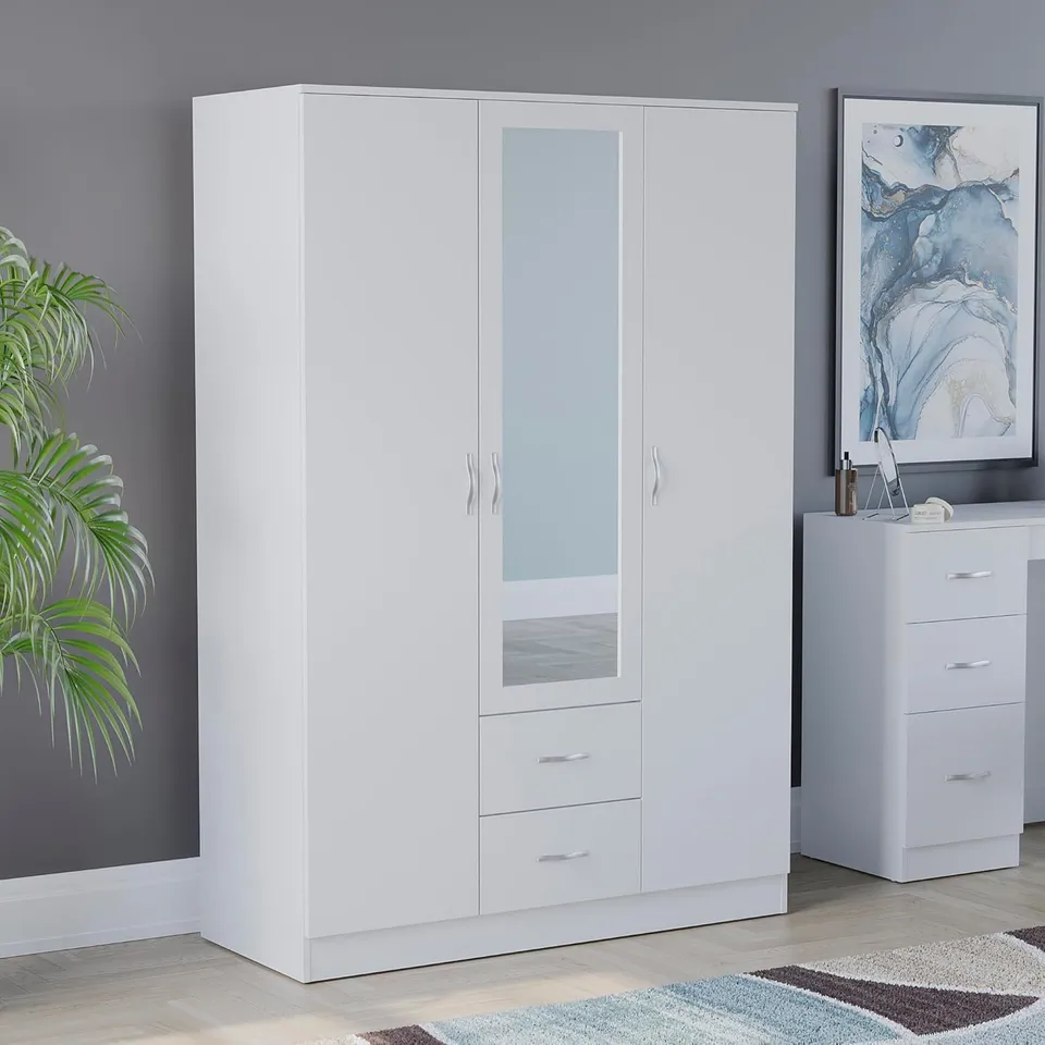 BOXED RIANO 3 DOOR 2 DRAWER MIRRORED WARDROBE - WHITE (3 BOXES)