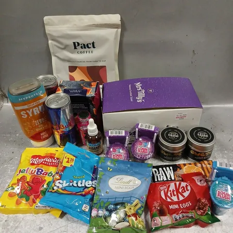 APPROXIMATELY 15 ASSORTED FOOD & DRINK ITEMS TO INCLUDE - MR TILLYS SCOTTISH TABLET - LINDT MINI EGGS - MYPROTEIN SUGAR FREE MAPLE SYRUP - ETC