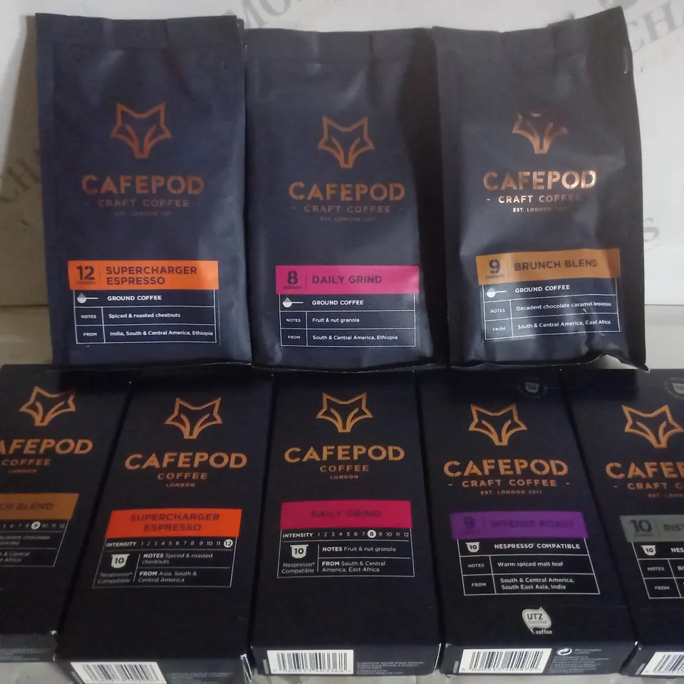 BOX OF APPROX 8 ASSORTED CAFEPOD CRAFT COFFEE PRODUCTS TO INCLUDE SUPERCHARGER ESPRESSO, DAILY GRIND, INTENSE ROAST, ETC 