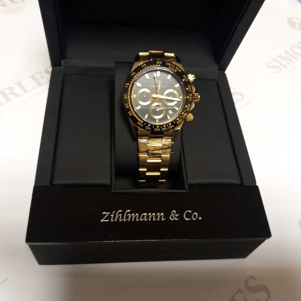 MENS ZIHLMANN & Co Z400 WATCH – CHRONOGRAPH MOVEMENT – GOLD COLOUR STAINLESS STEEL STRAP – BLACK DIAL – 3ATM WATER RESISTANT 