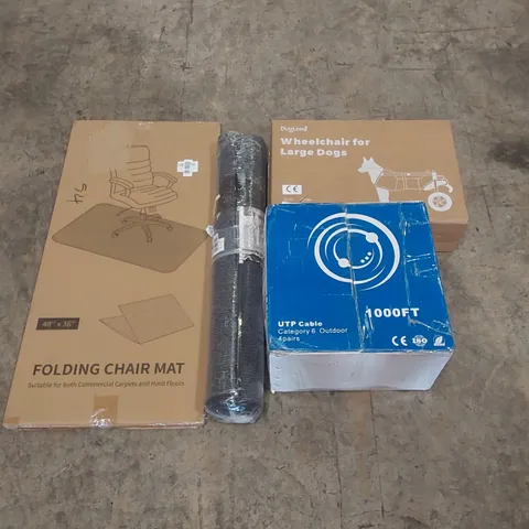 PALLET OF ASSORTED ITEMS INCLUDING: FOLDING CHAIR MAT, WHEELCHAIR FOR DOGS, 1000FT UTP CABLE, RUG ECT