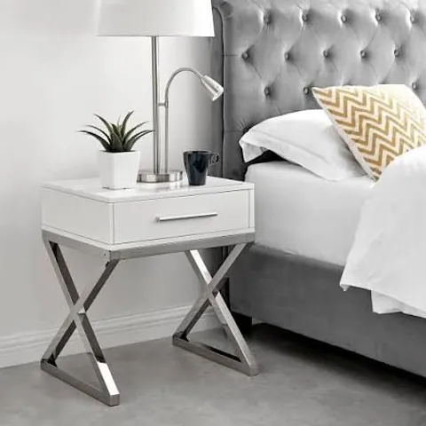 BOXED OXFORD WHITE GLOSS AND CHROME BEDSIDE TABLE
