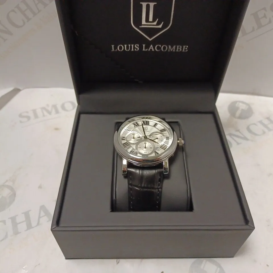 MENS LOUIS LACOMBE CHRONOGRAPH WATCH – MULTI FUNCTION DIAL WITH DATE – ROMAN NUMERAL DIAL – LEATHER STRAP – GIFT BOX