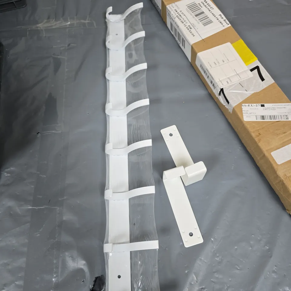 WHITE PLASTIC RAIL WITH MOUNTING BRACKETS – HARDWARE FOR FURNITURE INSTALLATION (VERIFY ITEM)
