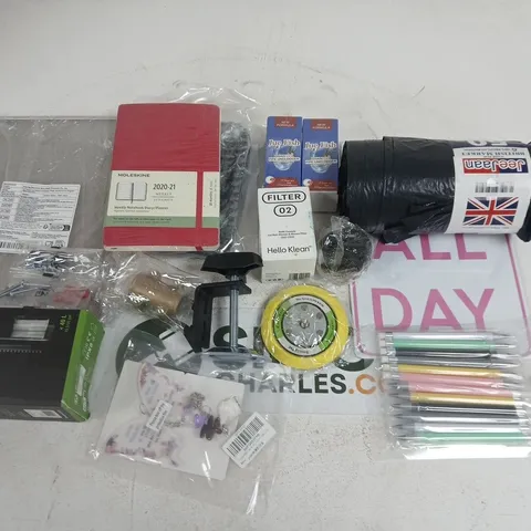 LOT OF ASSORTED HOUSEHOLD ITEMS TO INCLUDE MOLESKINE A5 NOTEBOOK, CORNER FILTER 40 AND REFUSE SACKS