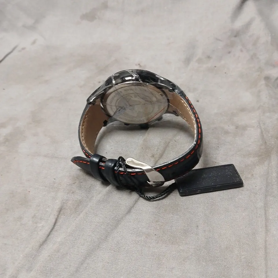 GLOBENFELD WATCH – RED CHRONOGRAPH DIAL, BLACK LEATHER STRAP