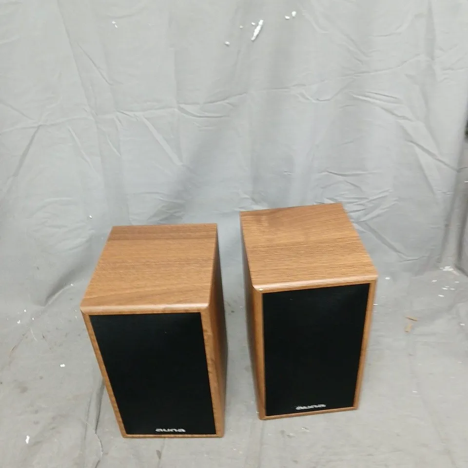 PAIR OF WOODEN BOOKSHELF SPEAKERS WITH BLACK GRILLES 