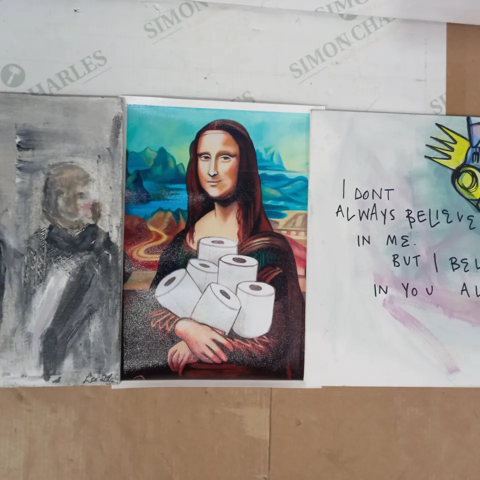 BOX OF APPROXIMATELY 15 ASSORTED ARTWORK ITEMS TO INCLUDE MONA LISA TOILET ROLL PARODY ART PRINT, ABSTRACT PAINTING, ETC