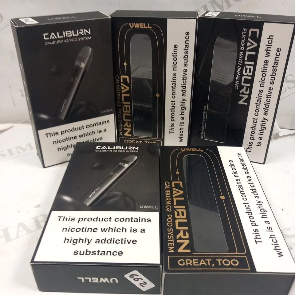 5 ASSORTED UWELL CALIBURN BOXED VAPING PRODUCTS TO INCLUDE; A2 POD SYSTEM, G2 POD SYSTEM AND A2S POD SYSTEM