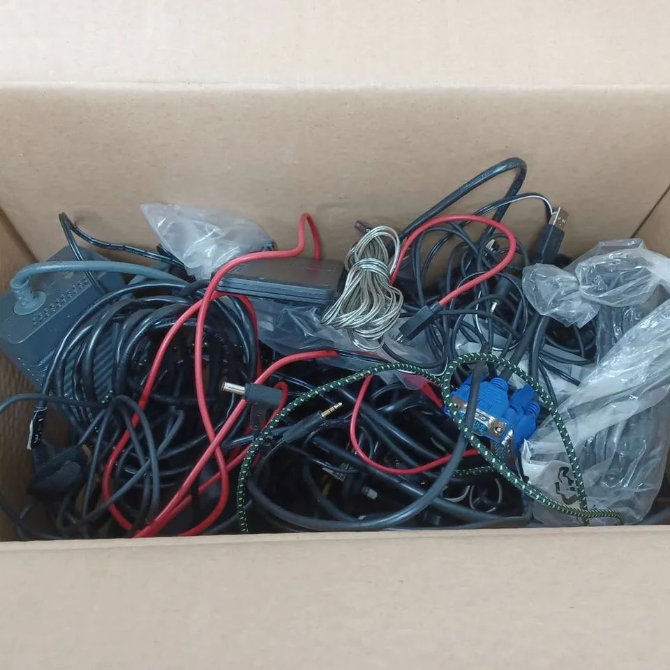 BOXED LARGE QUANTITY OF POWER CABLES FOR TELEPHONE SOCKETS, TVS ETC