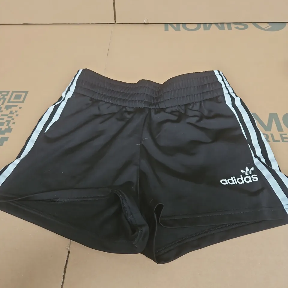 ADIDAS BLACK SHORTS WITH WHITE SIDE STRIPES SIZE 8