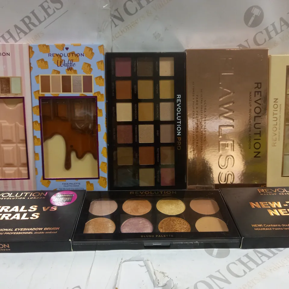 BOX OF APPROX 8 ASSORTED REVOLUTION PRODUCTS TO INCLUDE BLUSH PALETTE, HIGHLIGHTER PALETTE, EYESHADOW PALETTE, ETC 