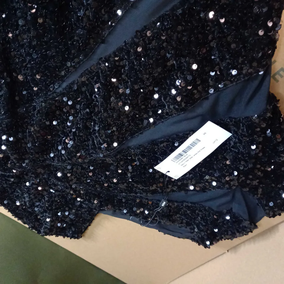 KAREN MILLEN BLACK SEQUIN MESH DETAIL JERSEY MIDI DRESS - SIZE 12