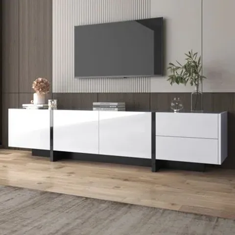 BOXED MODERN HIGH-GLOSS TV CABINET - WHITE MEDIA UNIT WITH STORAGE (2 BOXES)